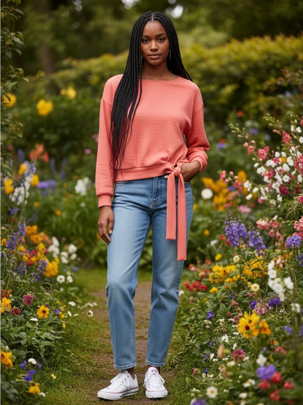 Daytrip Deep Coral Tie Front Top Textured Knit Medium
